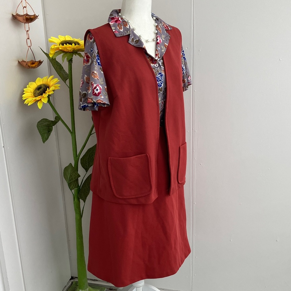 Vintage 60s 70s 3 Piece Vest, Skirt, & Floral Shirt Rust Colored Skirt Set